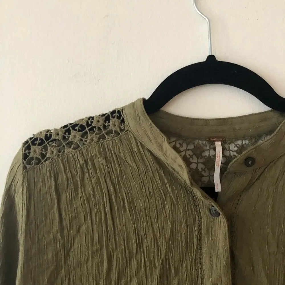 Free People The Best Crochet Back Olive Green Button Up Blouse
